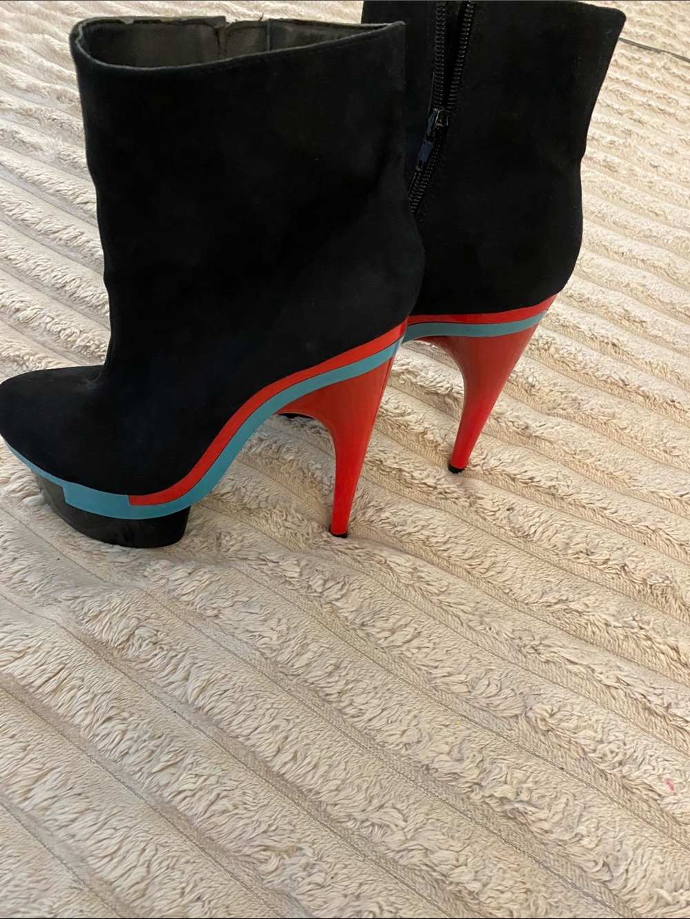 Suede Leather with Color Bock High Heels Blue, Red & Black